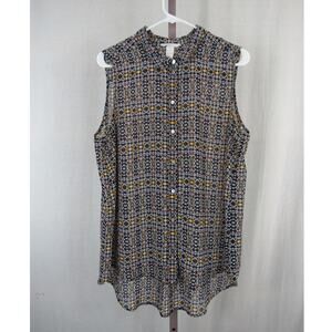 H&M US 14 Semi Sheer Button Up Tank Geometric Shape Navy Yellow Green Purple